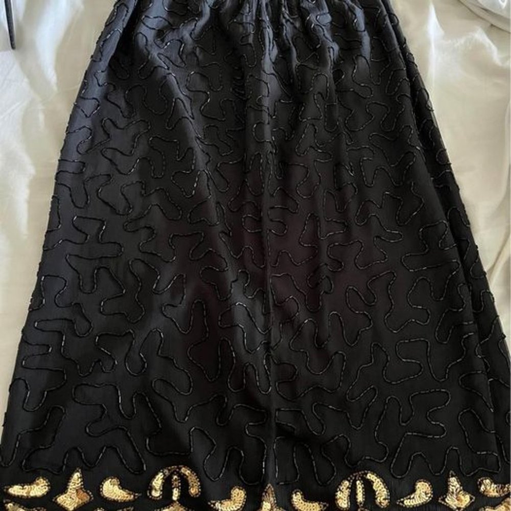 Fabulous Vintage 80s Slinky 100% Silk Black Sequined Skirt w/ Gold Border